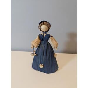 Vintage Handmade Corn Husk Doll Blue Dress Folk Art Decor  Description: